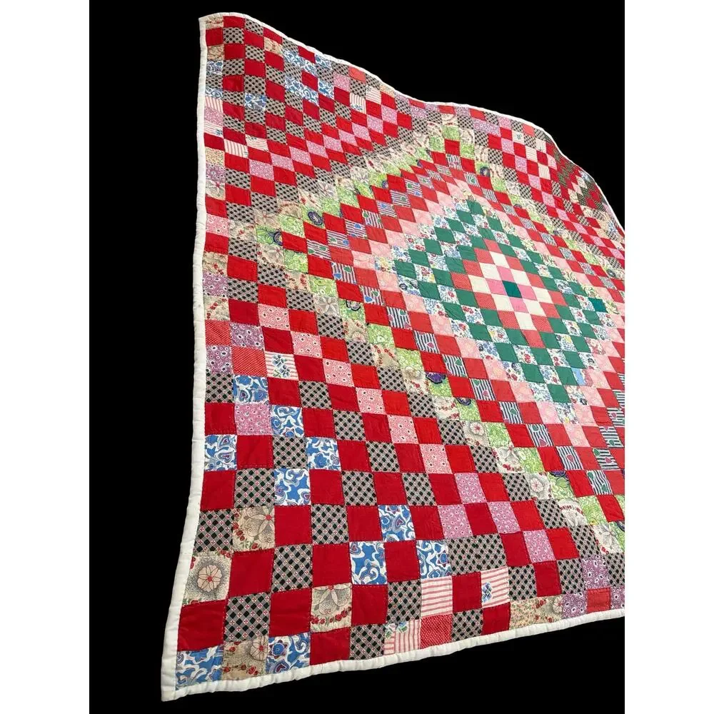 Vintage Hand Pieced Hand Quilted Trip Around the World Quilt 70x72